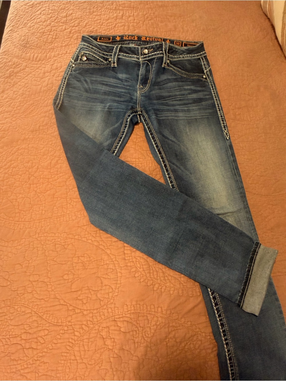 Rock Revival Women's Dark-Medium Blue Skinny Jeans with Whiskering